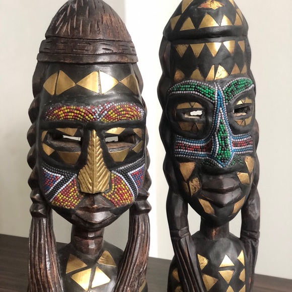 (2) Beautifully Adorned Vintage West African Fulani Peul Fulbe Tribe Sculptures